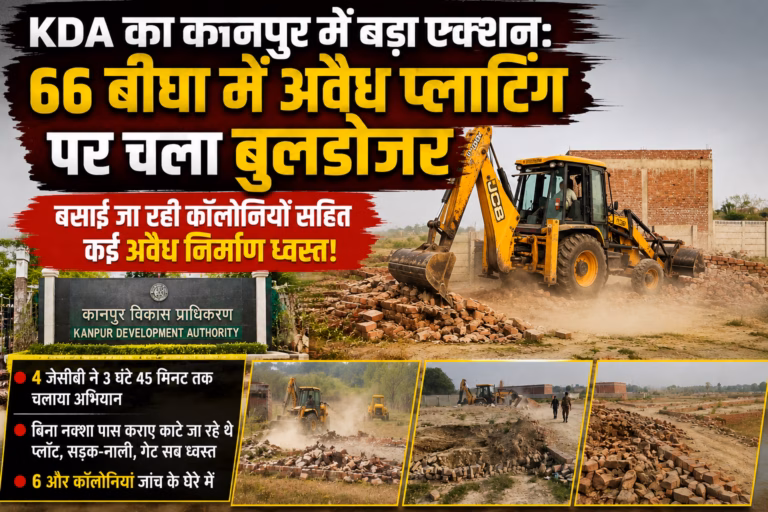 KDA का कानपुर में बड़ा एक्शन: 66 बीघा में अवैध प्लाटिंग पर चला बुलडोजर, बसाई जा रही कालोनियों सहित कई अवैध निर्माण ध्वस्त! KDA का कानपुर में बड़ा एक्शन: 66 बीघा में अवैध प्लाटिंग पर चला बुलडोजर, बसाई जा रही कालोनियों सहित कई अवैध निर्माण ध्वस्त!