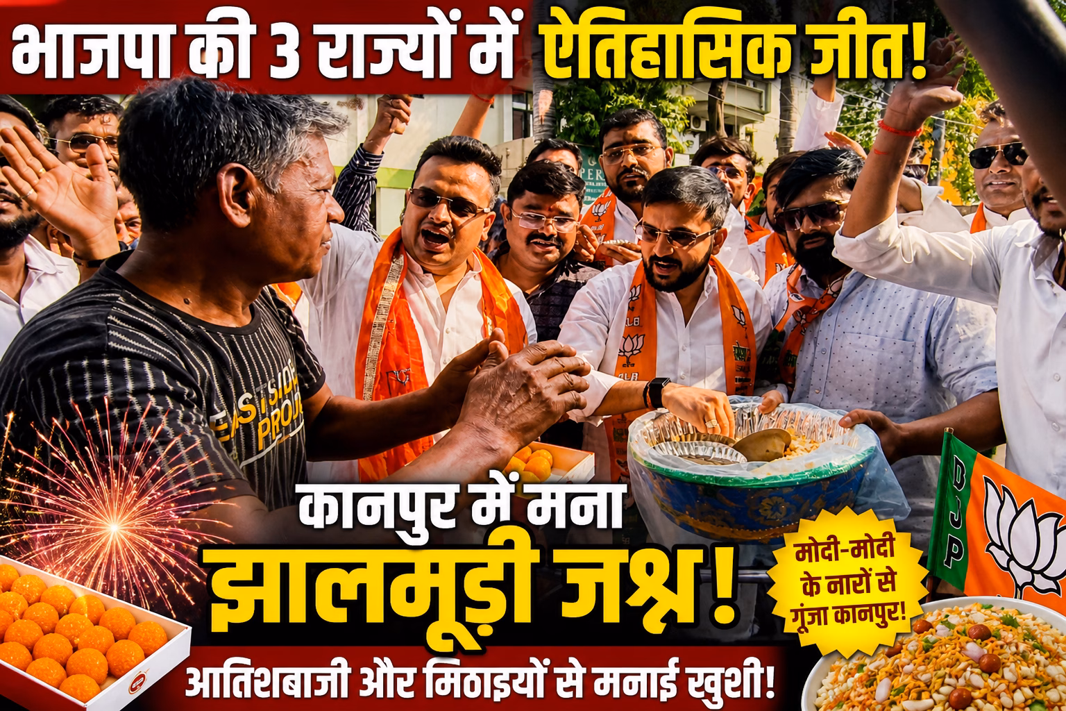 भाजपा की तीन राज्यों में ऐतिहासिक जीत पर कानपुर में मना झालमूड़ी जश्न, आतिशबाजी और मिठाइयों से मनाई खुशी!