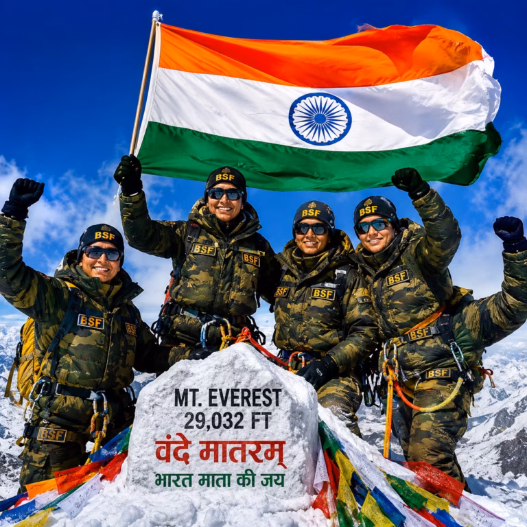 एवरेस्ट पर गूंजी ‘वंदे मातरम्’ की आवाज, BSF की महिला टीम ने रचा इतिहास एवरेस्ट पर गूंजी ‘वंदे मातरम्’ की आवाज, BSF की महिला टीम ने रचा इतिहास