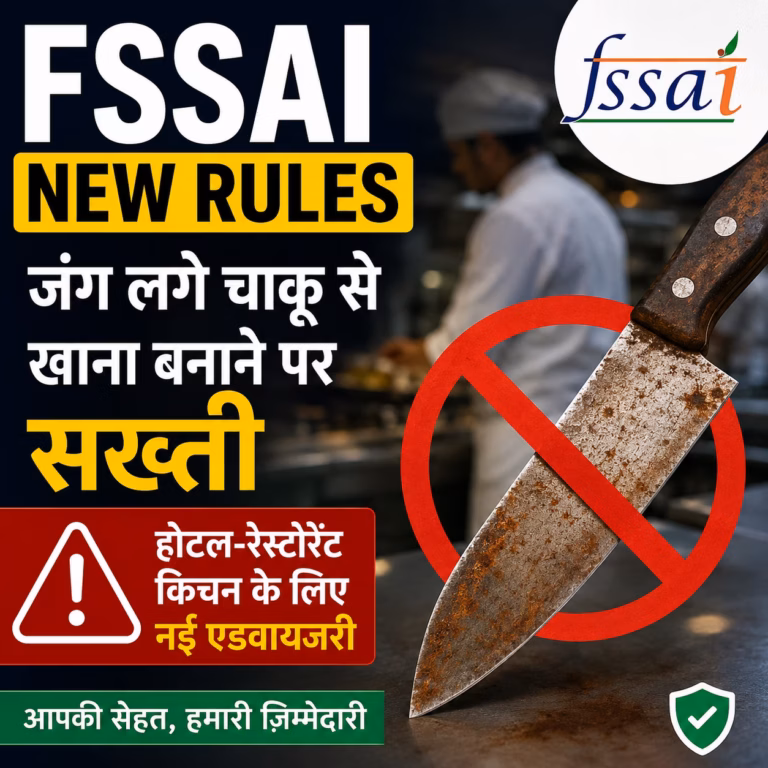FSSAI का सख्त एक्शन: जंग लगे चाकू से खाना बनाने वाले रेस्टोरेंट्स पर होगी कार्रवाई FSSAI का सख्त एक्शन: जंग लगे चाकू से खाना बनाने वाले रेस्टोरेंट्स पर होगी कार्रवाई