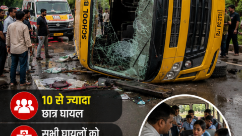 जयपुर में बड़ा सड़क हादसा: स्कूली बच्चों से भरी बस पलटी, 10 से ज्यादा छात्र घायल, जानिए पूरा मामला