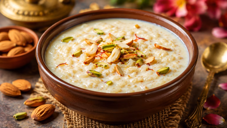 खीर: हर खुशी और त्योहार की मिठास, जानिए स्वाद, फायदे और आसान रेसिपी खीर रेसिपी : घर पर बनाई गई मलाईदार खीर सूखे मेवों और केसर के साथ