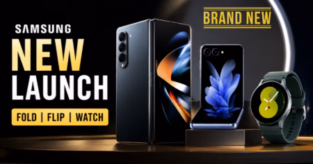 Samsung के नए Fold, Flip और Watch आज होंगे लॉन्च, कीमतों को लेकर बड़ा अपडेट Samsung Galaxy Fold, Galaxy Flip and Galaxy Watch displayed during a product launch event.
