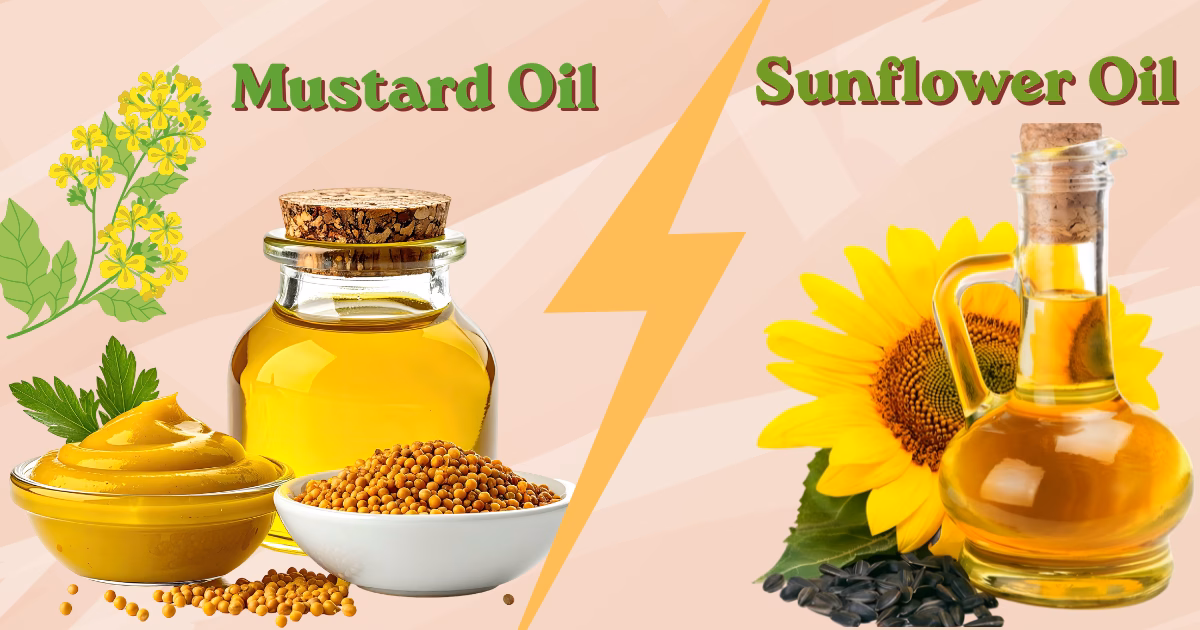 Mustard oil and sunflower oil in glass bottles with fresh mustard flowers and sunflower seeds on a wooden kitchen table.