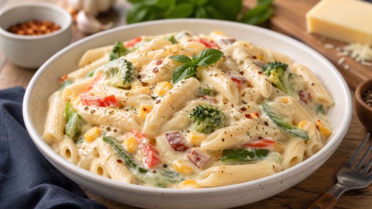 white sauce pasta recipe : घर पर बना क्रीमी व्हाइट सॉस पास्ता ताजी सब्जियों और चीज़ के साथ