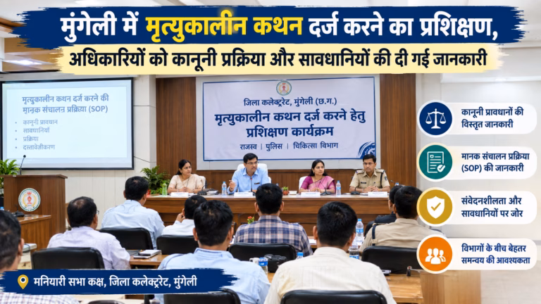 मुंगेली में मृत्युकालीन कथन दर्ज करने का प्रशिक्षण, अधिकारियों को कानूनी प्रक्रिया और सावधानियों की दी गई जानकारी मृत्युकालीन कथन : मुंगेली में मृत्युकालीन कथन दर्ज करने का प्रशिक्षण